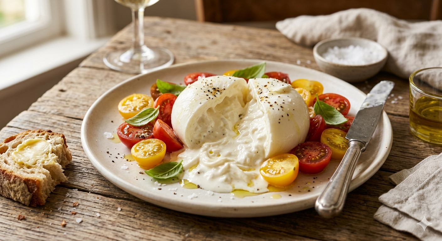 Burrata med modne tomater, basilikum og olivenolje på et fat
