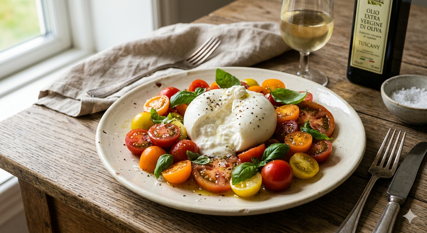 Fersk burrata skåret opp, med kremet stracciatella-kjerne som renner ut