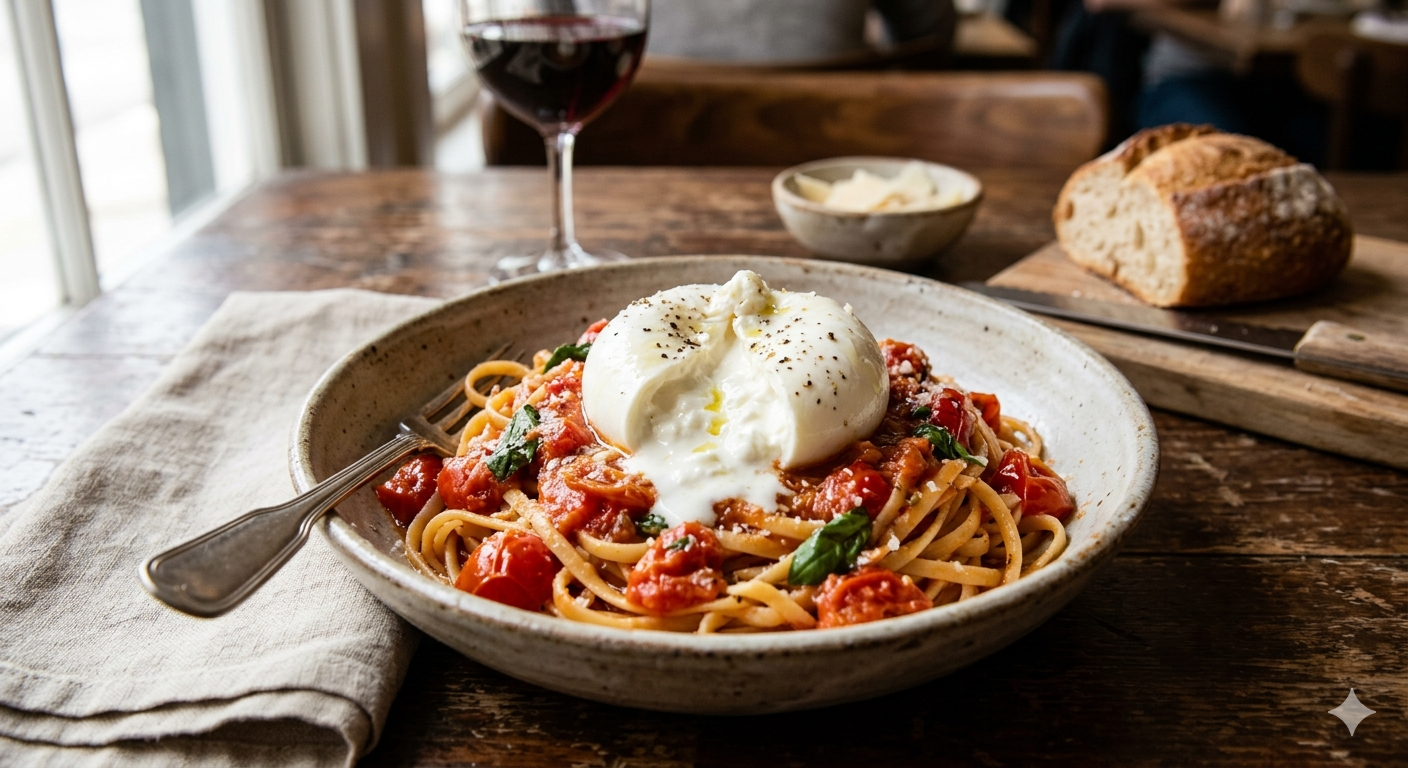 Tallerken med kremet pasta toppet med burrata