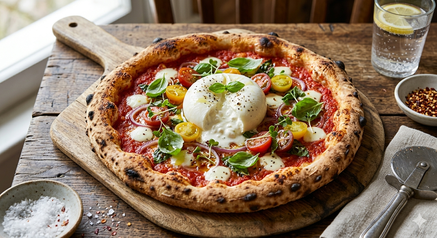 Nystekt pizza toppet med fersk burrata og basilikum